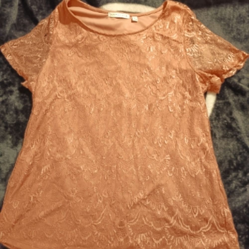 🤠Notations Pink Satin-y Blouse with a Pink Lace Overlay Size Medium